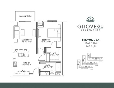 Floor plan for 1 bed, 1 bath, 742 sqft